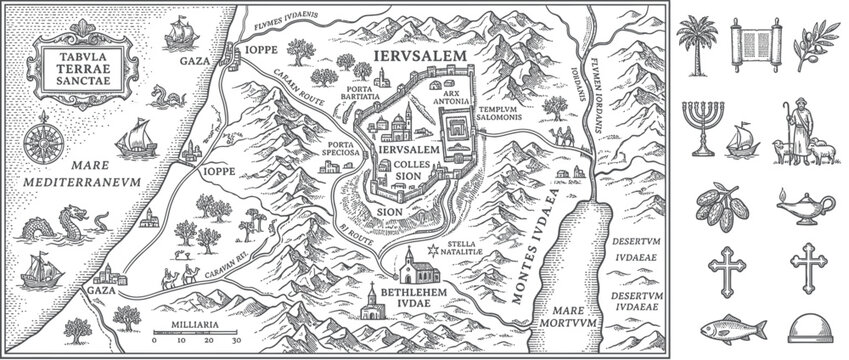 Ancient Map Illustration with Biblical Symbols