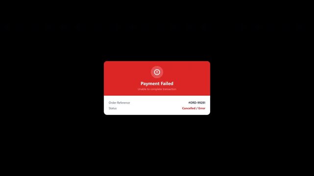 Digital payment failed notification window popup on transparent background