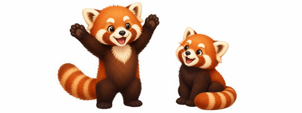 Two cute red panda characters with one standing waving and one sitting down generated using ai