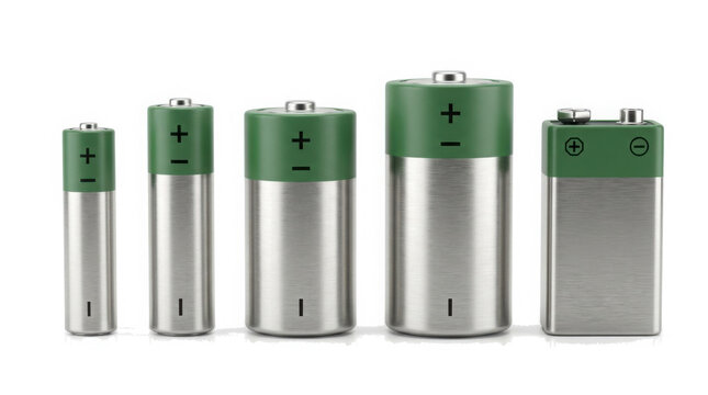 Row of five different sized cylindrical and block batteries with green tops generated using ai