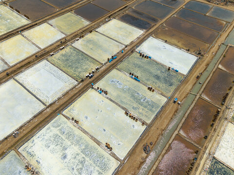 Aerial view of the Salt Ponds showing geometric salt pans with workers harvesting salt in Kedung, Central Java, Indonesia.