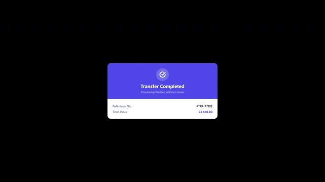 Digital payment transfer completed notification popup with transparent background