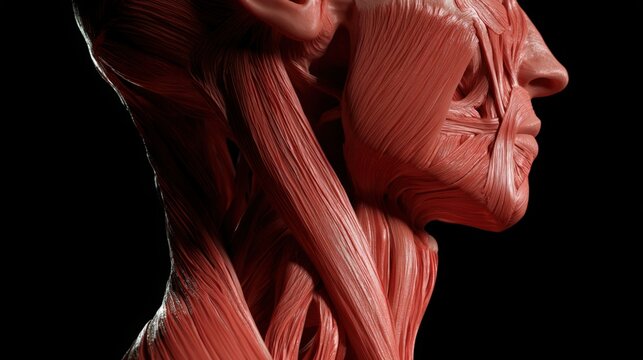 Detailed anatomical 3d model of human head and neck muscle structure