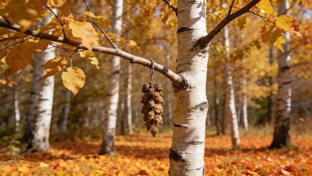 Autumn Birch Grove: A close-up view of a birch tree trunk in an autumn forest, with golden leaves and a pinecone hanging from a branch, showcasing the vibrant colors of the fall season.
