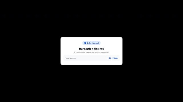 Digital transaction finished notification card popup on transparent background