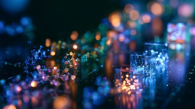 a close up view of an intricate network of interconnected objects resembling electronic circuitry against a dark background with a blue green glow