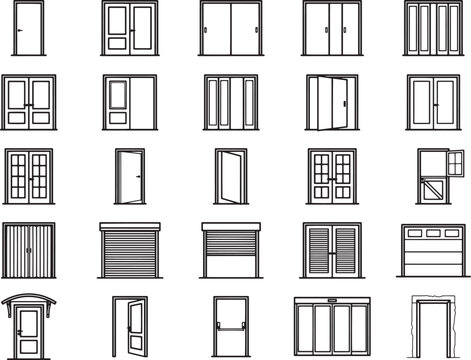 A collection of diverse door designs, ranging from classic to modern, showcasing various styles for residential and commercial use.