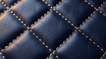 Fototapeta premium Quilted navy blue leather texture with gold diamond stitching pattern provides luxurious background for high end automotive interior design or fashion projects.