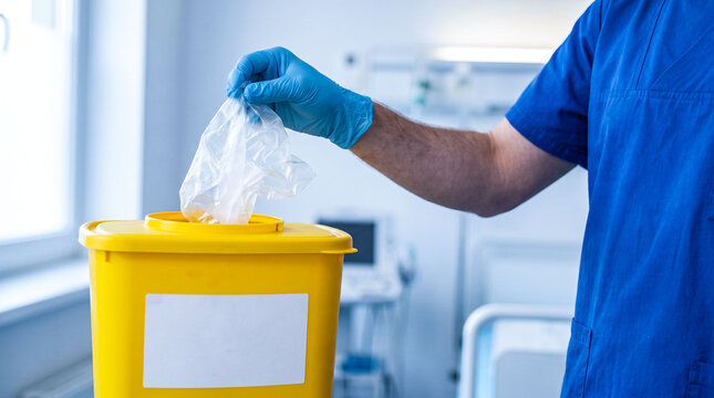 Healthcare worker in blue scrubs and protective glove disposing clinical waste bag inside yellow safety container inside bright hospital room interior concept.