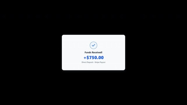 Funds received payment notification popup animation with transparent background