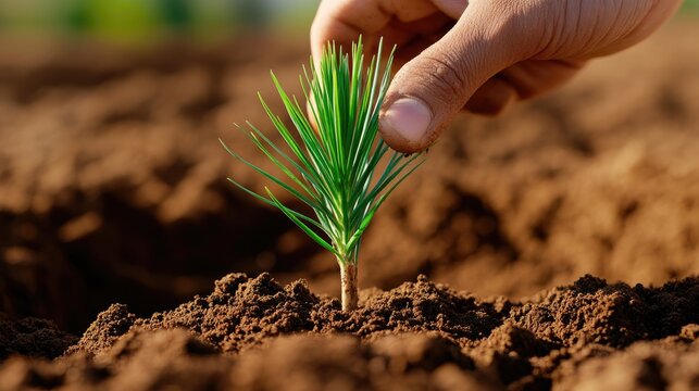 Close-up of hand planting young pine tree sapling in rich soil under sunlight