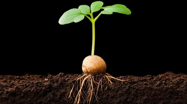Young plant sprouting from seed in soil with roots on black background