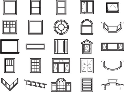 A collection of various window styles, from classic to modern, showcased in detailed illustrations, demonstrating architectural design and material variety.