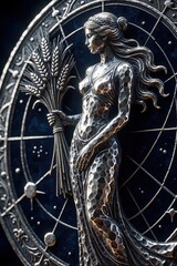 Fototapeta premium Silver metal engraved Virgo zodiac sign. Beautiful woman holds wheat stalks on celestial astrology wheel. Mystic astrological symbol with cosmic star pattern, detailed texture. Esoteric emblem for