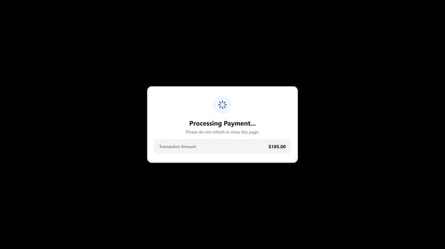 Online payment processing modal window with spinner on transparent background