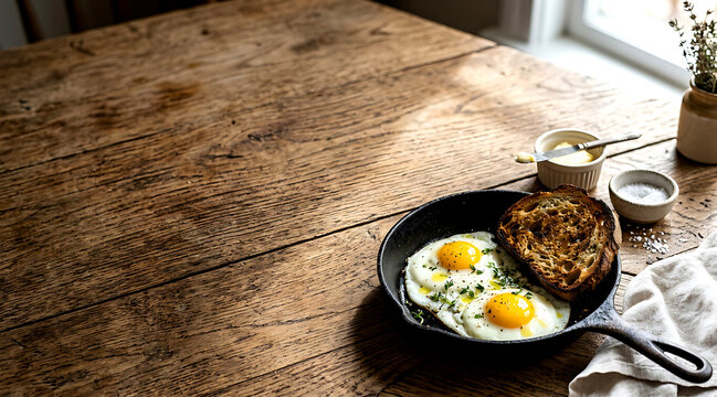 Fried eggs in cast iron skillet served with toasted sourdough bread slice for healthy morning breakfast.