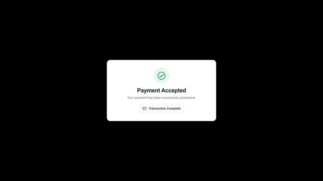 Payment accepted success popup window with checkmark on transparent background