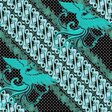 Traditional seamless Indonesian batik pattern with parang and phoenix bird motifs