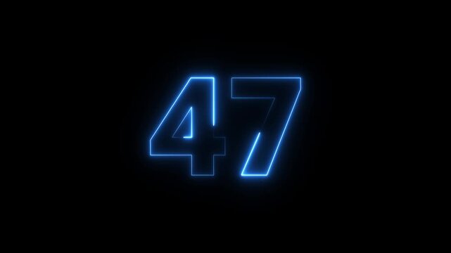 Number 47 glowing blue neon light effect in motion on a black background