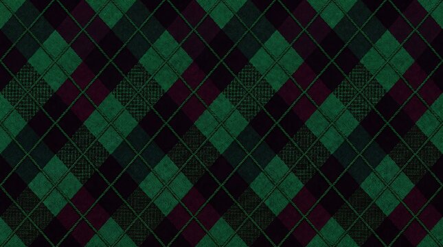 christmas Dark green and black argyle plaid fabric pattern with diagonal lines with textured fabric surface