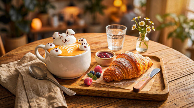 Cute bear latte art coffee with buttery croissant, berry jam and fresh berries on wooden tray in cozy cafe