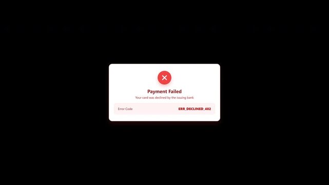 Payment failed transaction error notification popup on transparent background