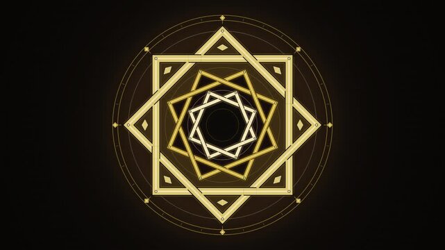Golden rotating concentric squares forming eight pointed star motion background loop