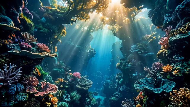 breathtaking underwater scenery, featuring colorful coral reefs thriving along the cliffs and the seabed