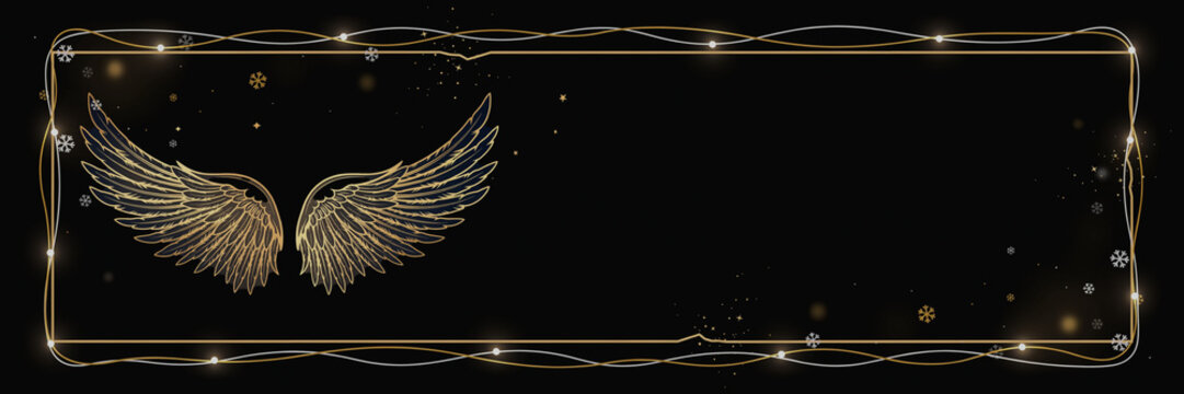 Christmas background with golden angel wings illustration, glowing gold and silver string lights frame, snowflakes and broken gold frame with sparkling dust on black, luxury banner with large copy spa