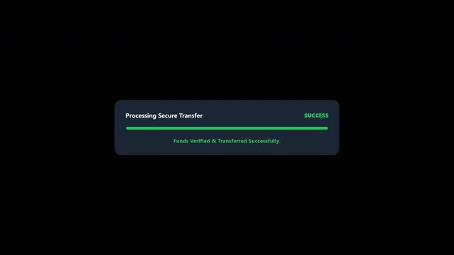 Secure transfer progress bar completing with success confirmation overlay