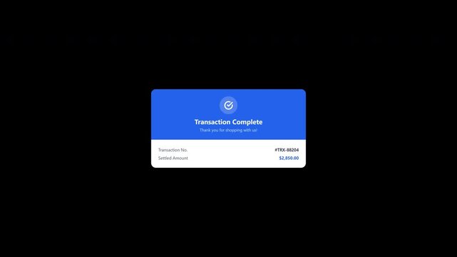 Transaction complete payment confirmation popup card on transparent background