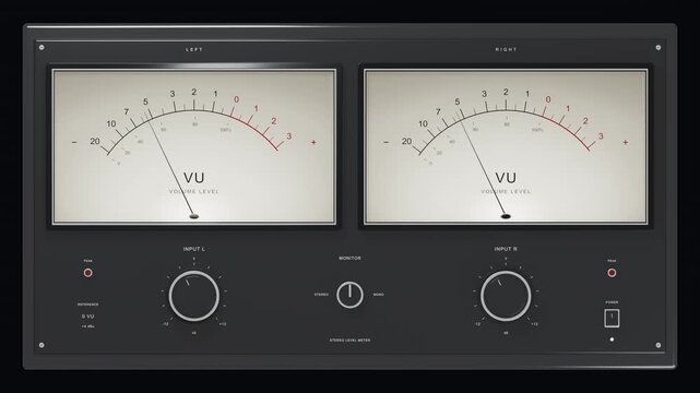 Stereo VU meters on glossy piano black panel with cream dials and knobs. Needles track left and right audio channels in vintage hi-fi style. Great for music production.
