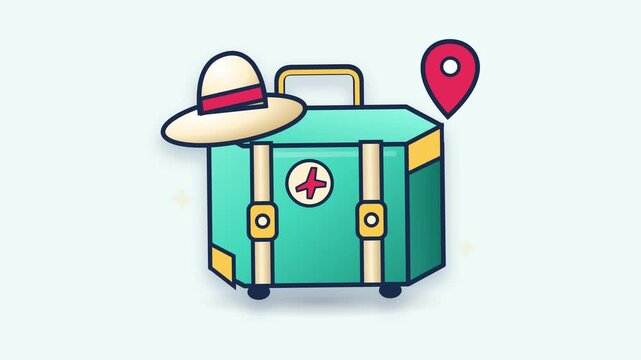 Colorful 2D stylized cartoon illustration of a green travel suitcase with a straw sun hat and a red location pin icon, representing global tourism, vacation planning, adventure, and medical travel.