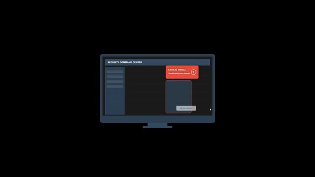 Flat design computer monitor displaying system warning notification and green action button animation.