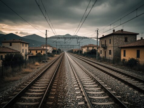 Panoramic view of parallel train tracks in Italy. Railway lines run through small village with stone houses under dramatic cloudy sky. Perspective of railroad way leads toward distant mountains.