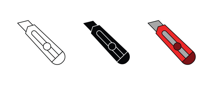 Set of utility knife icons in outline, solid, and colored styles, vector illustration of a retractable blade cutter