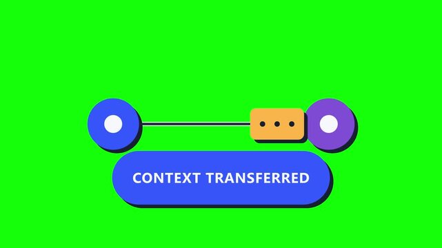 Animated UI button sequence showing AI agent handoff and context transfer with connected nodes. Flat cartoon style includes green screen plus black and white versions for chatbot interfaces.
