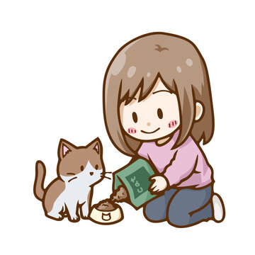 猫にごはんをあげる女性のイラスト｜ペットのお世話・キャットフードを与える飼い主