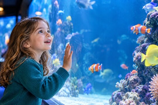 A fascinated child observing colorful tropical fish at an aquarium, capturing curiosity, discovery and childhood wonder.