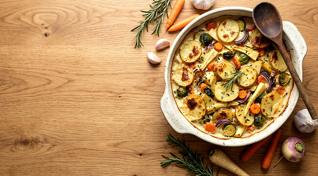Roasted root vegetables and brussels sprouts bake in white ceramic dish with rosemary and fresh garlic.