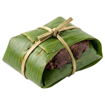Traditional food wrapped in green banana leaf tied with bamboo string isolated on transparent background