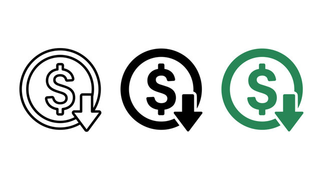 Money down icon showing price reduction or currency devaluation business concept
