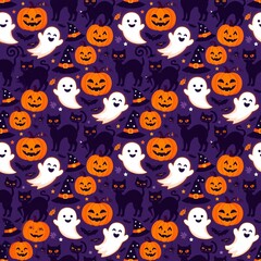 Obraz premium Cute Halloween Seamless Pattern with Pumpkins and Ghosts