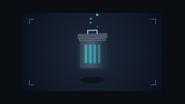 Digital trash bin icon with glowing neon lines on dark background