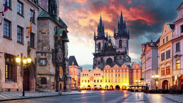 Time lapse of Prague - Old Town Square, Famous Astronomical Clock and Tyn church's tower, Czechia