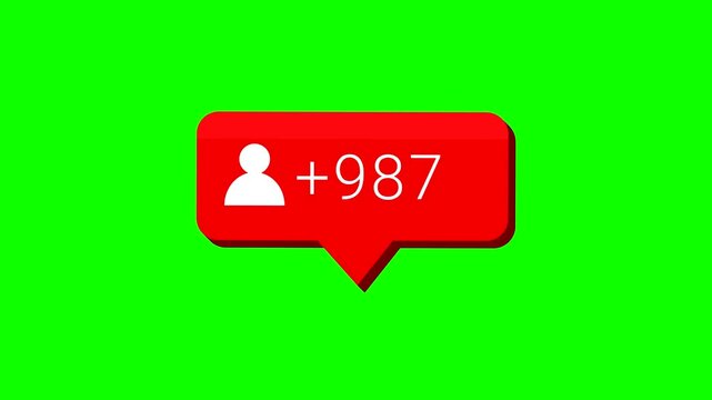 Social media follower counter animation with red notification bubble and person icon on green screen