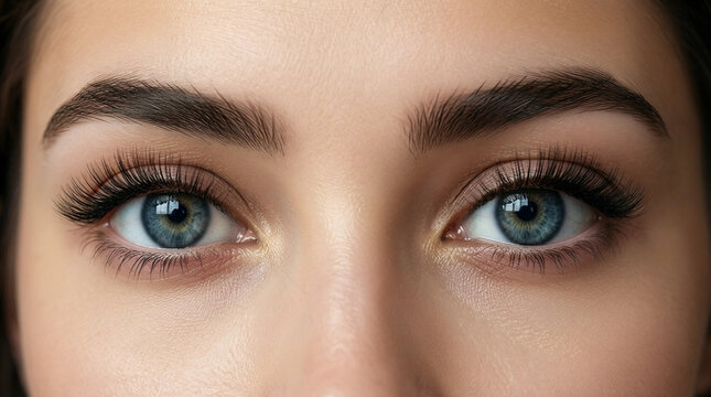 Close-up of a woman's eyes with defined brows and long lashes, natural lighting, serene expression