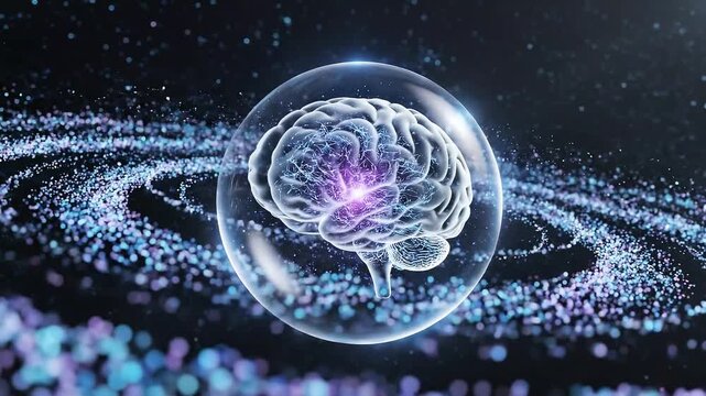 Futuristic human brain glowing with blue and purple light inside transparent sphere, orbiting galaxy with glittering particles, digital animation footage.
