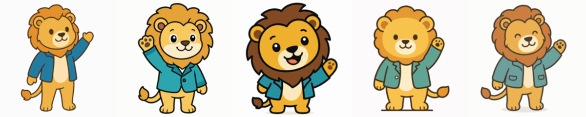 Fototapeta premium A set of cute and adorable vector lions standing and waving.