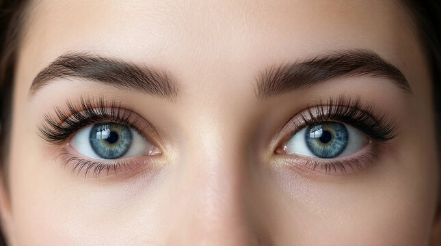 Close-up of a woman's striking blue eyes with defined eyebrows and long lashes, captured in soft natural lighting.